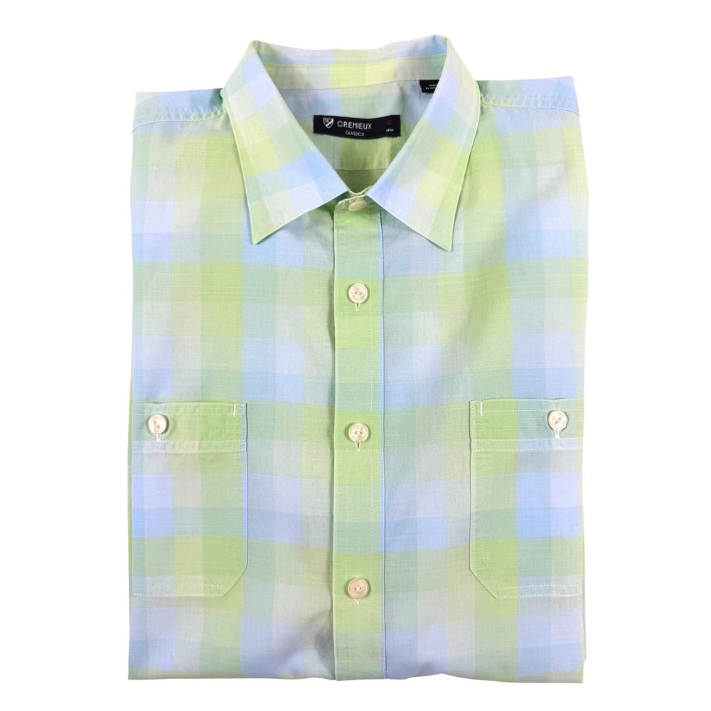 Cremieux Men  XL 100% Cotton Button Down Shirt Green Blue Regular Short Sleeve
